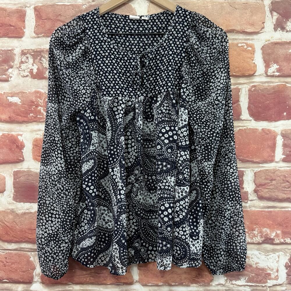 Gap Top Shirt Womens S Black White Ditsy Floral Stars Casual Sheer Popover